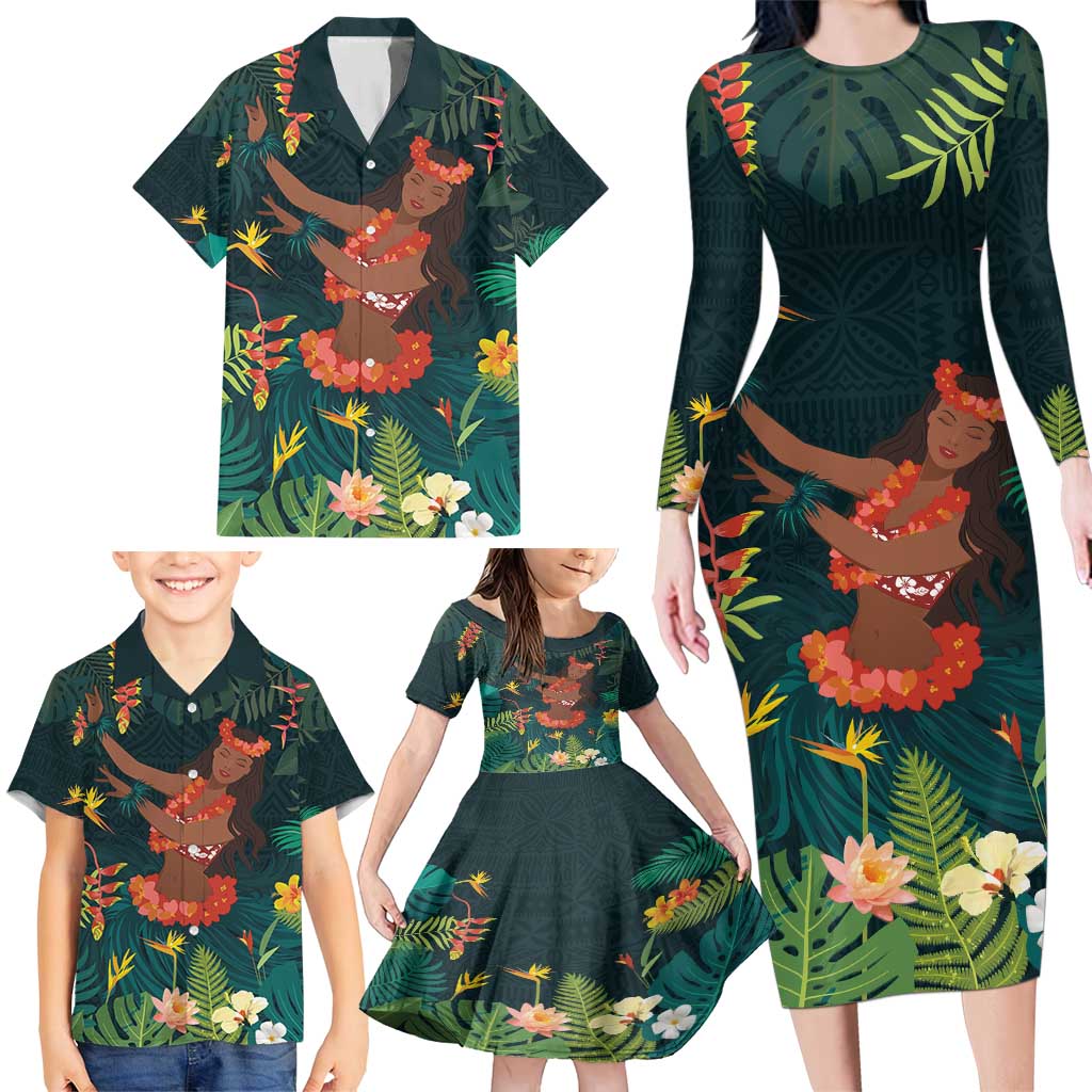 Hawaii Hula Girl Vintage Family Matching Long Sleeve Bodycon Dress and Hawaiian Shirt Tropical Forest LT7 - Polynesian Pride