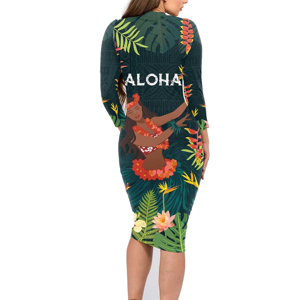 Hawaii Hula Girl Vintage Family Matching Long Sleeve Bodycon Dress and Hawaiian Shirt Tropical Forest LT7 - Polynesian Pride