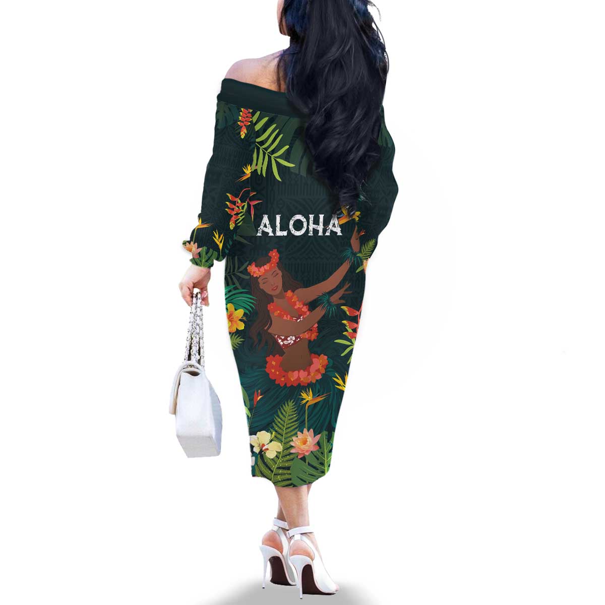 Hawaii Hula Girl Vintage Family Matching Off The Shoulder Long Sleeve Dress and Hawaiian Shirt Tropical Forest LT7 - Polynesian Pride