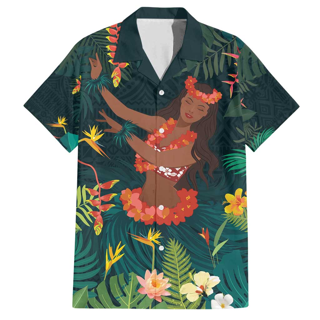 Hawaii Hula Girl Vintage Family Matching Off Shoulder Maxi Dress and Hawaiian Shirt Tropical Forest LT7 Dad's Shirt - Short Sleeve Colorful - Polynesian Pride