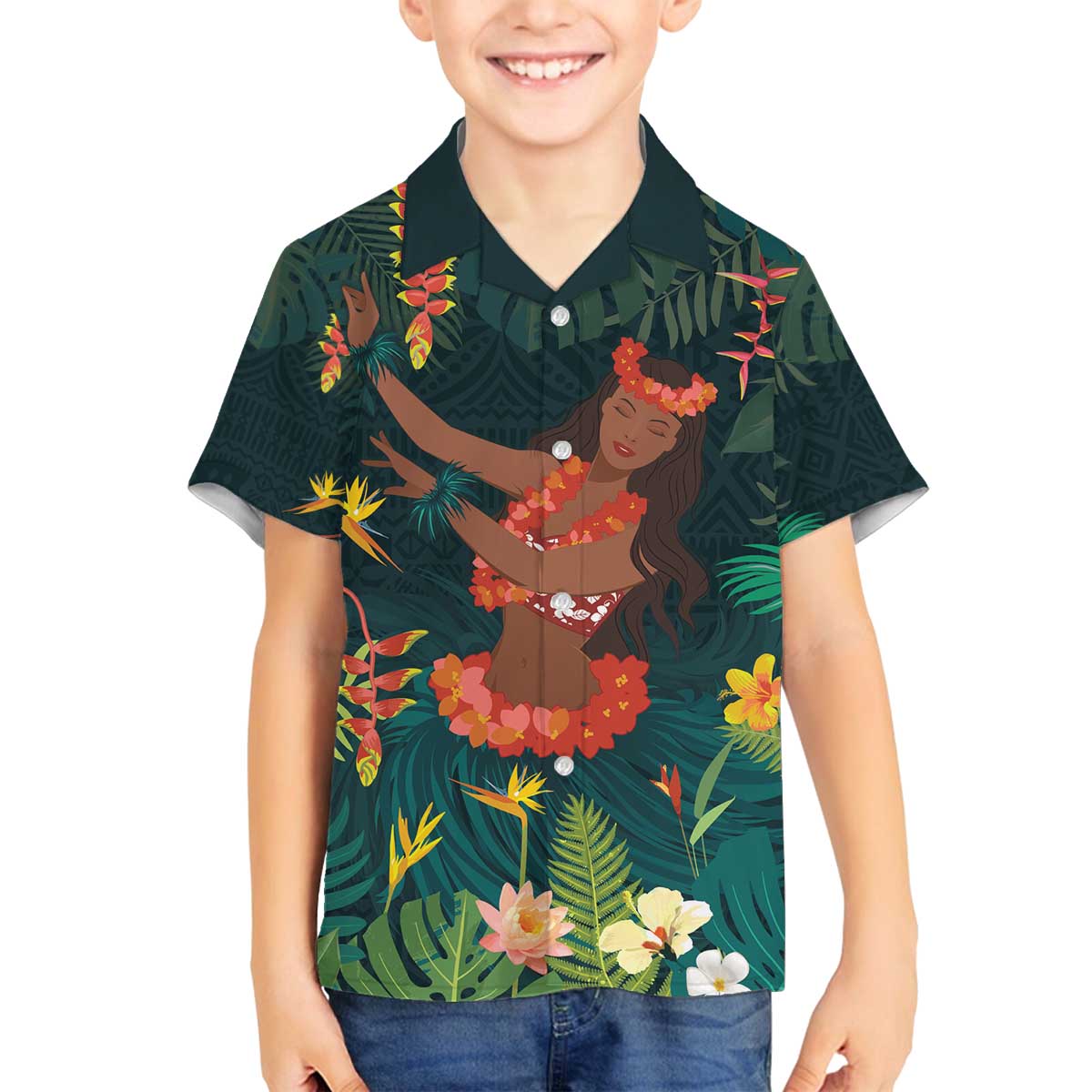 Hawaii Hula Girl Vintage Family Matching Off Shoulder Short Dress and Hawaiian Shirt Tropical Forest LT7 Son's Shirt Colorful - Polynesian Pride