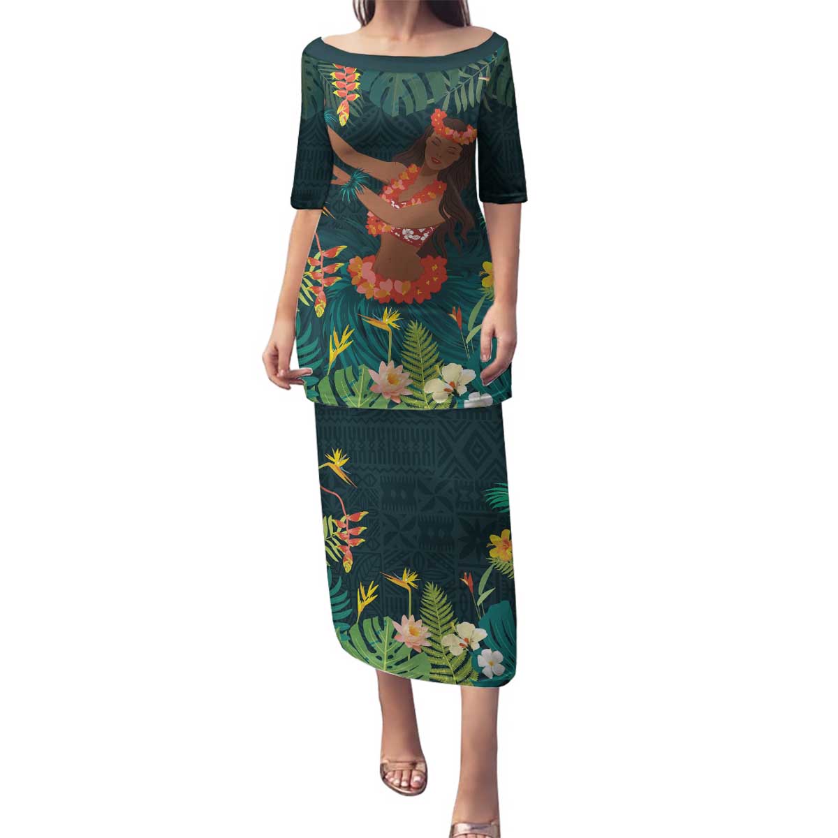Hawaii Hula Girl Vintage Family Matching Puletasi and Hawaiian Shirt Tropical Forest LT7 Mom's Dress Colorful - Polynesian Pride