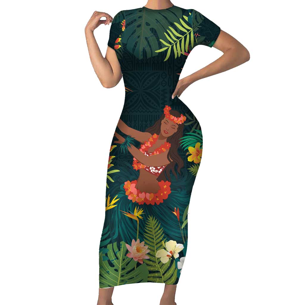 Hawaii Hula Girl Vintage Family Matching Short Sleeve Bodycon Dress and Hawaiian Shirt Tropical Forest LT7 Mom's Dress Colorful - Polynesian Pride