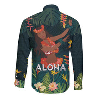 Hawaii Hula Girl Vintage Long Sleeve Button Shirt Tropical Forest LT7 - Polynesian Pride