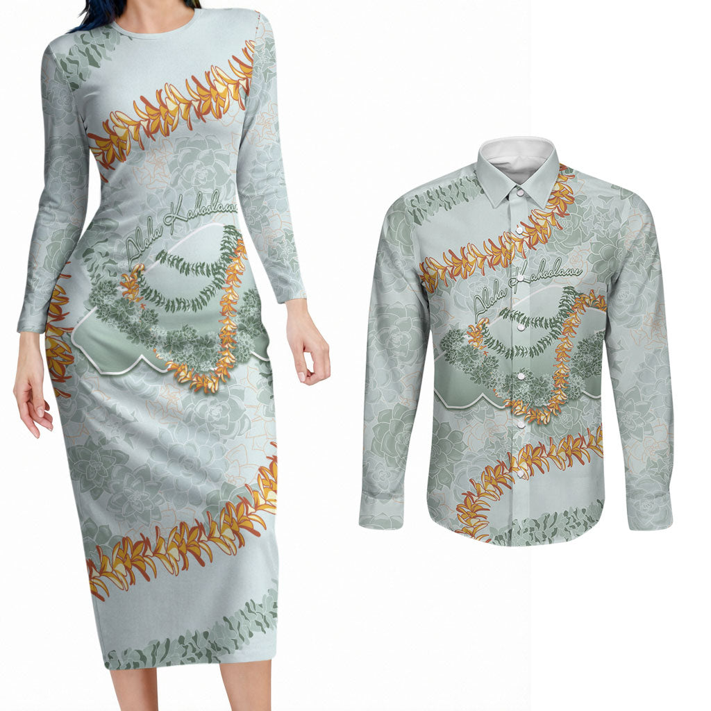 Hawaii Kaho'olawe Island Flowers Lei Couples Matching Long Sleeve Bodycon Dress and Long Sleeve Button Shirt Silver Hinahina Kū Kahakai LT7 Silver - Polynesian Pride