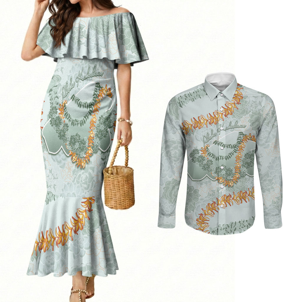 Hawaii Kaho'olawe Island Flowers Lei Couples Matching Mermaid Dress and Long Sleeve Button Shirt Silver Hinahina Kū Kahakai LT7 Silver - Polynesian Pride