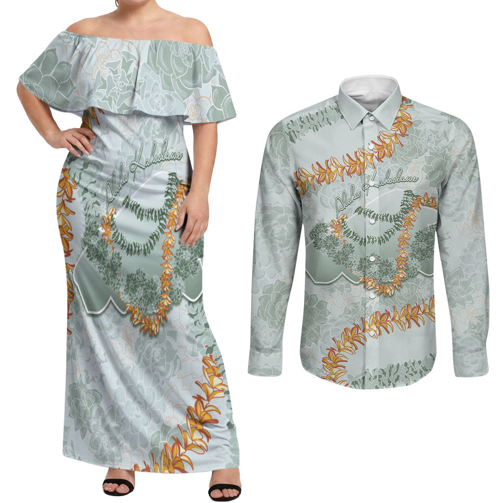 Hawaii Kaho'olawe Island Flowers Lei Couples Matching Off Shoulder Maxi Dress and Long Sleeve Button Shirt Silver Hinahina Kū Kahakai LT7 Silver - Polynesian Pride