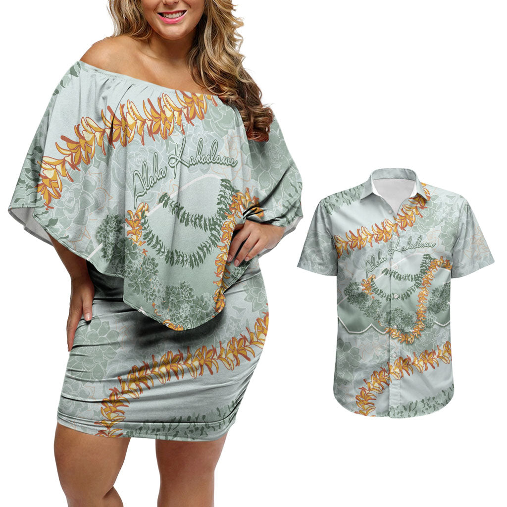 Hawaii Kaho'olawe Island Flowers Lei Couples Matching Off Shoulder Short Dress and Hawaiian Shirt Silver Hinahina Kū Kahakai LT7 Silver - Polynesian Pride