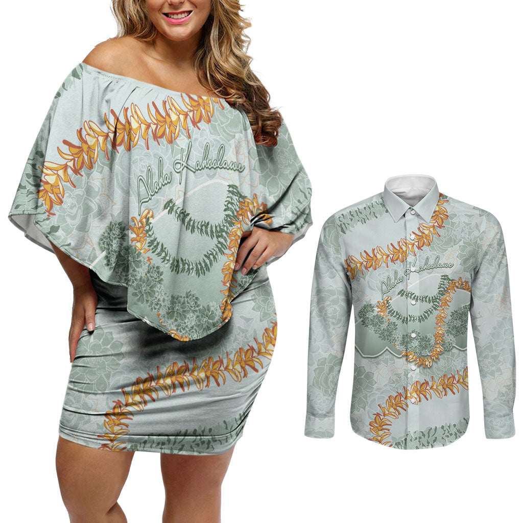 Hawaii Kaho'olawe Island Flowers Lei Couples Matching Off Shoulder Short Dress and Long Sleeve Button Shirt Silver Hinahina Kū Kahakai LT7 Silver - Polynesian Pride