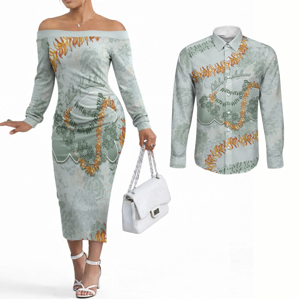 Hawaii Kaho'olawe Island Flowers Lei Couples Matching Off The Shoulder Long Sleeve Dress and Long Sleeve Button Shirt Silver Hinahina Kū Kahakai LT7 Silver - Polynesian Pride