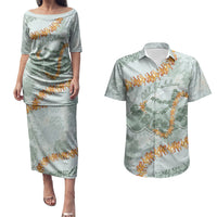 Hawaii Kaho'olawe Island Flowers Lei Couples Matching Puletasi and Hawaiian Shirt Silver Hinahina Kū Kahakai