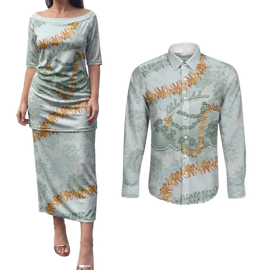 Hawaii Kaho'olawe Island Flowers Lei Couples Matching Puletasi and Long Sleeve Button Shirt Silver Hinahina Kū Kahakai LT7 Silver - Polynesian Pride