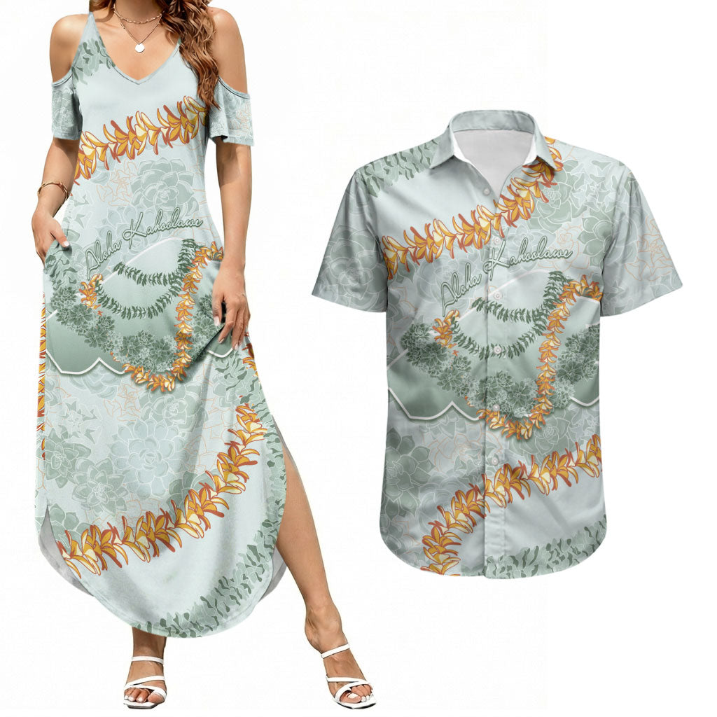 Hawaii Kaho'olawe Island Flowers Lei Couples Matching Summer Maxi Dress and Hawaiian Shirt Silver Hinahina Kū Kahakai LT7 Silver - Polynesian Pride