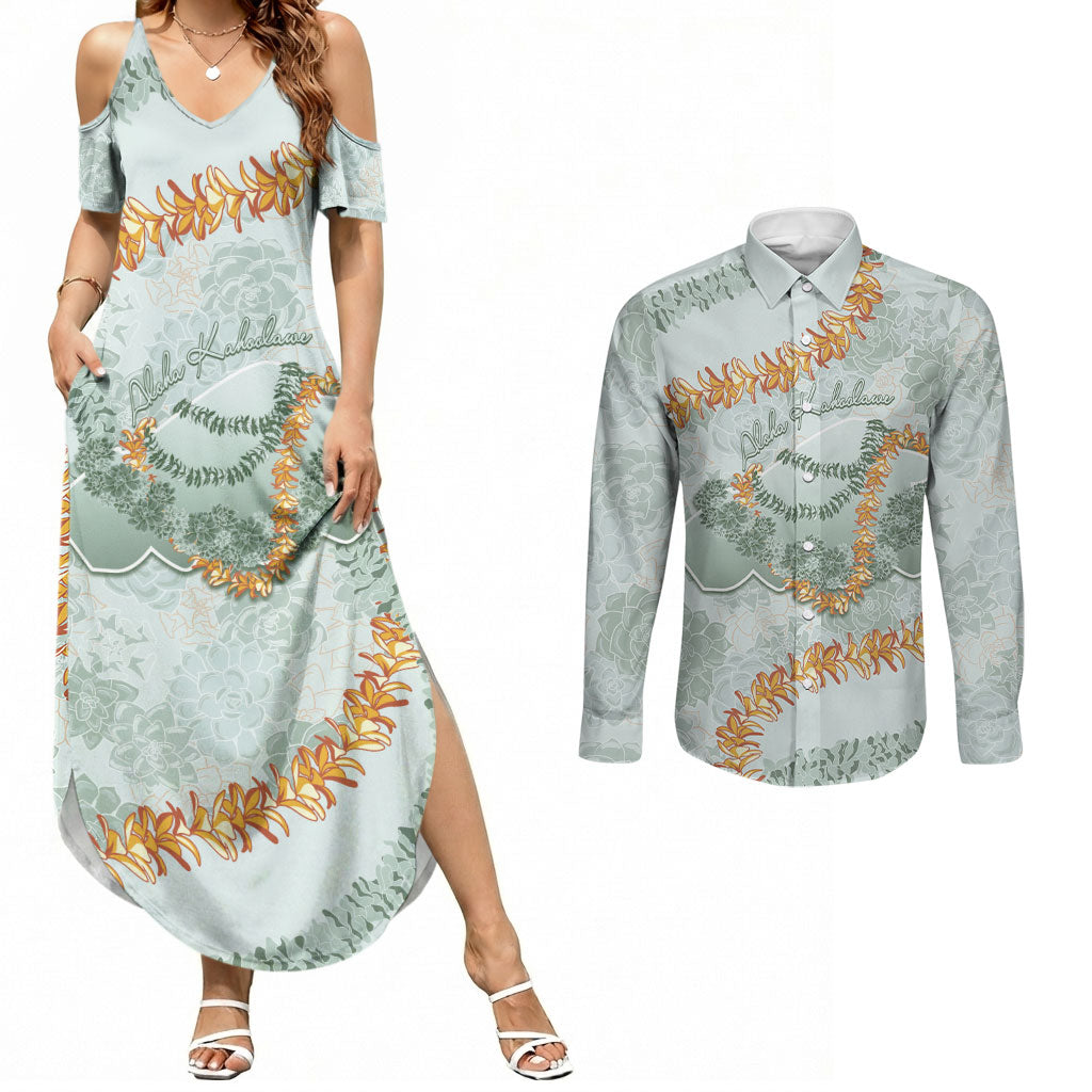Hawaii Kaho'olawe Island Flowers Lei Couples Matching Summer Maxi Dress and Long Sleeve Button Shirt Silver Hinahina Kū Kahakai LT7 Silver - Polynesian Pride