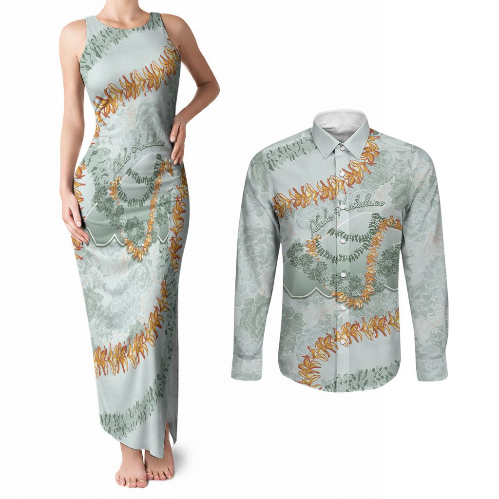 Hawaii Kaho'olawe Island Flowers Lei Couples Matching Tank Maxi Dress and Long Sleeve Button Shirt Silver Hinahina Kū Kahakai LT7 Silver - Polynesian Pride