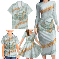 Hawaii Kaho'olawe Island Flowers Lei Family Matching Long Sleeve Bodycon Dress and Hawaiian Shirt Silver Hinahina Kū Kahakai