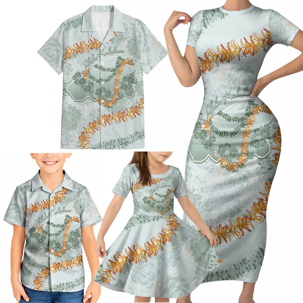 Hawaii Kaho'olawe Island Flowers Lei Family Matching Short Sleeve Bodycon Dress and Hawaiian Shirt Silver Hinahina Kū Kahakai