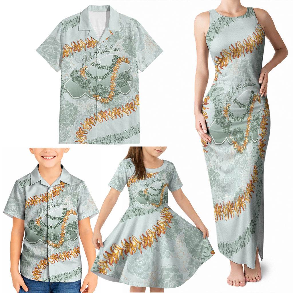 Hawaii Kaho'olawe Island Flowers Lei Family Matching Tank Maxi Dress and Hawaiian Shirt Silver Hinahina Kū Kahakai
