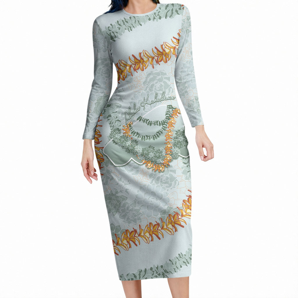 Hawaii Kaho'olawe Island Flowers Lei Long Sleeve Bodycon Dress Silver Hinahina Kū Kahakai LT7 Long Dress Silver - Polynesian Pride