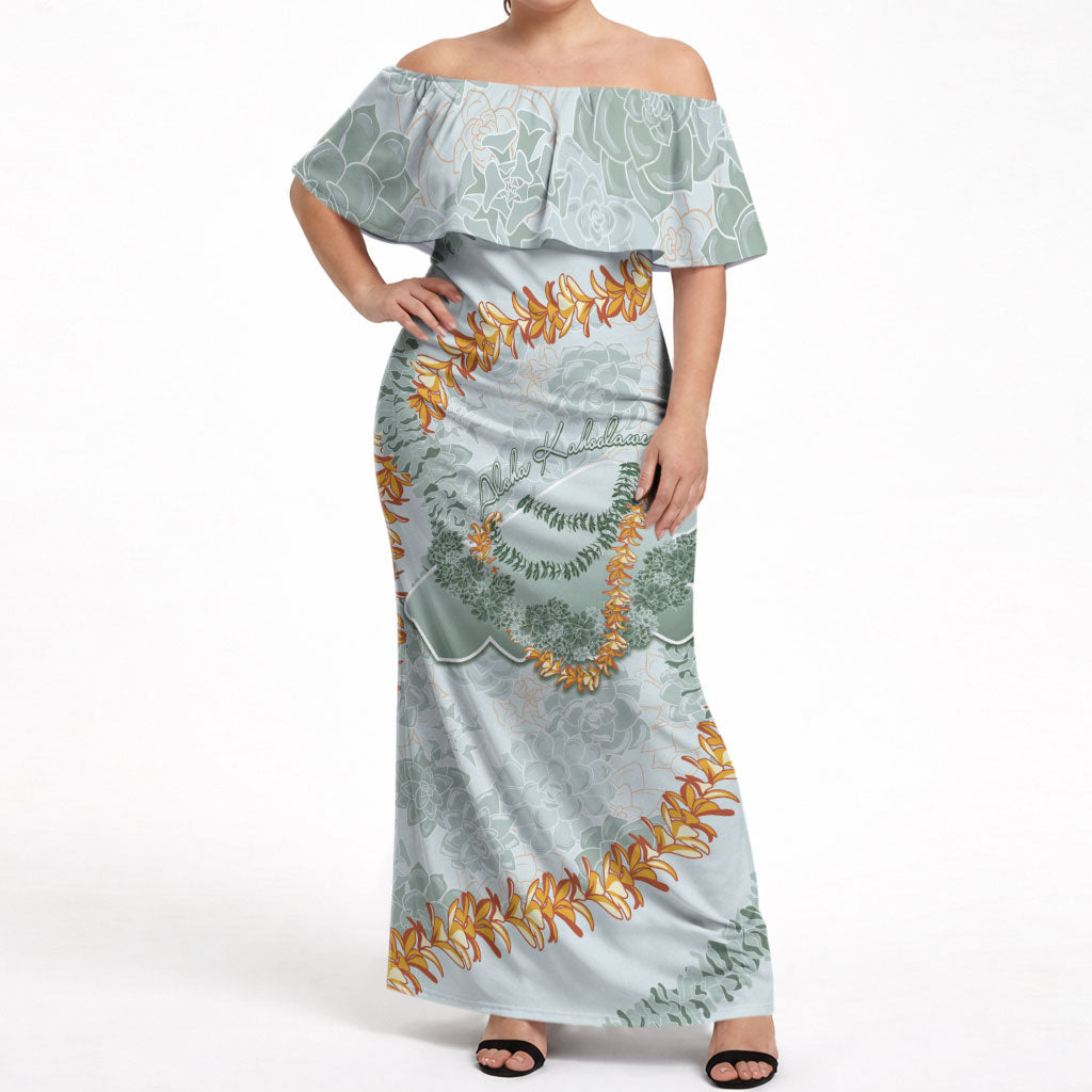 Hawaii Kaho'olawe Island Flowers Lei Off Shoulder Maxi Dress Silver Hinahina Kū Kahakai LT7 Women Silver - Polynesian Pride