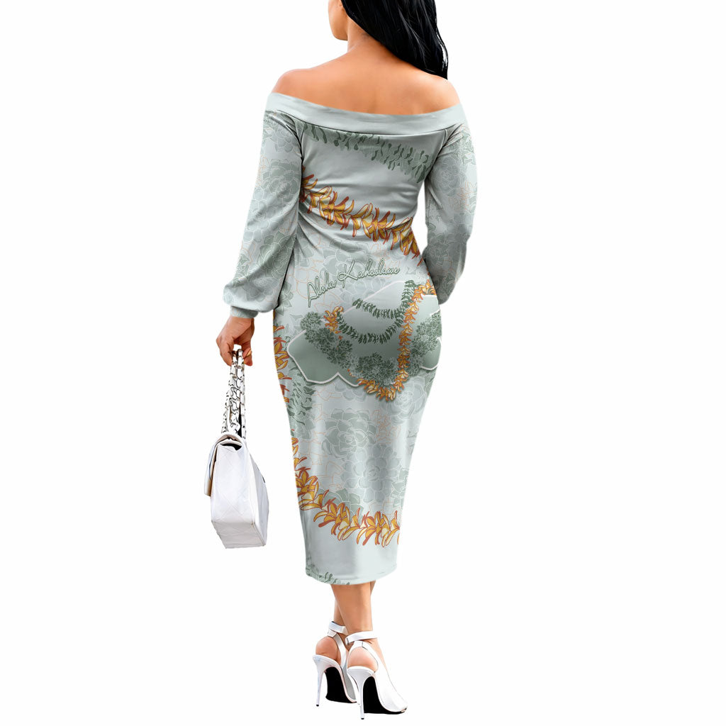Hawaii Kaho'olawe Island Flowers Lei Off The Shoulder Long Sleeve Dress Silver Hinahina Kū Kahakai