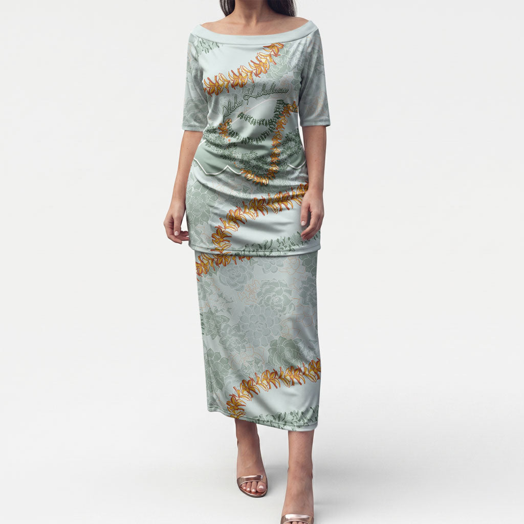 Hawaii Kaho'olawe Island Flowers Lei Puletasi Silver Hinahina Kū Kahakai LT7 Long Dress Silver - Polynesian Pride