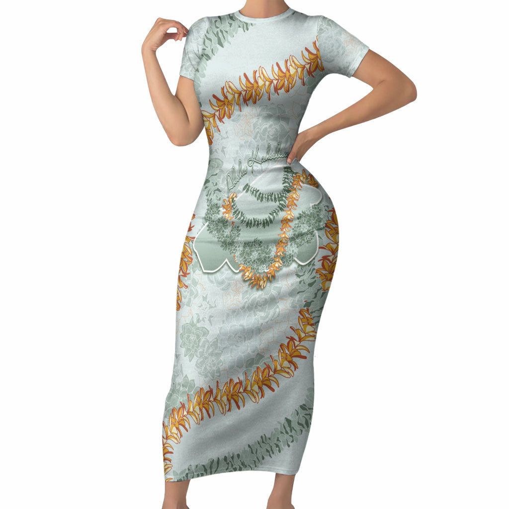 Hawaii Kaho'olawe Island Flowers Lei Short Sleeve Bodycon Dress Silver Hinahina Kū Kahakai LT7 Long Dress Silver - Polynesian Pride