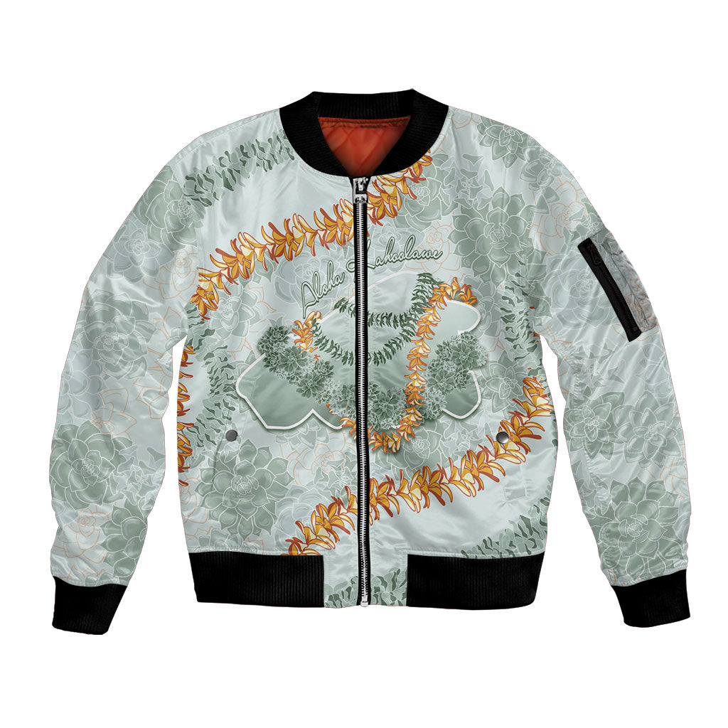 Hawaii Kaho'olawe Island Flowers Lei Sleeve Zip Bomber Jacket Silver Hinahina Kū Kahakai