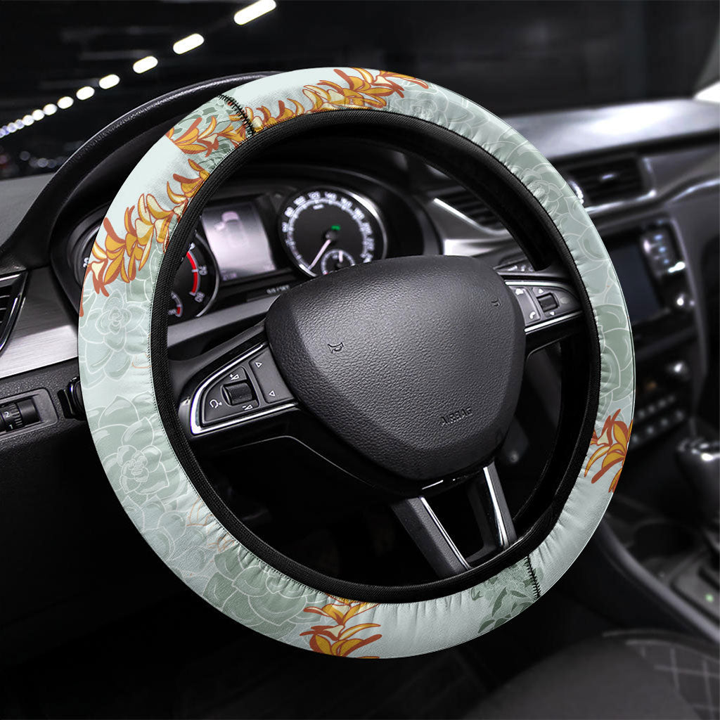 Hawaii Kaho'olawe Island Flowers Lei Steering Wheel Cover Silver Hinahina Kū Kahakai LT7 Universal Fit Silver - Polynesian Pride