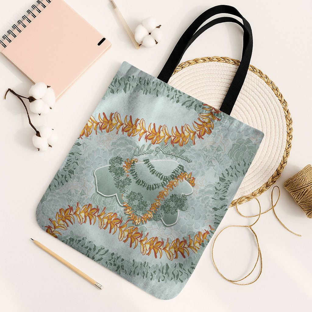 Hawaii Kaho'olawe Island Flowers Lei Tote Bag Silver Hinahina Kū Kahakai LT7 Black Strap One Size Silver - Polynesian Pride