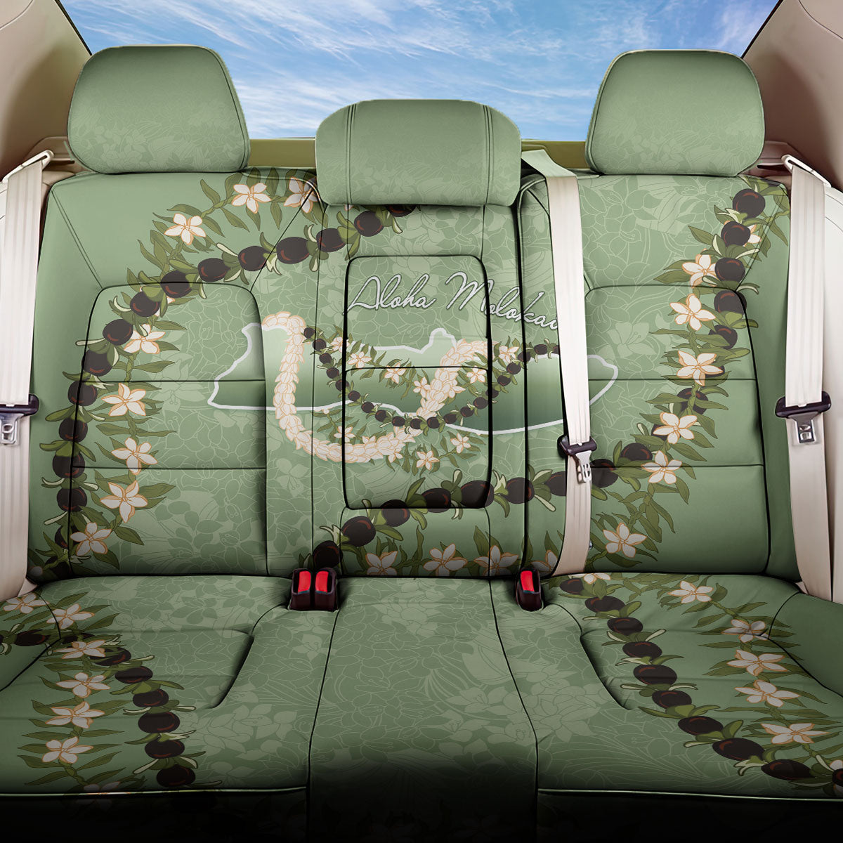 Hawaii Molokai Island Flowers Lei Back Car Seat Cover Kukui Nut Mossy Green LT7 One Size Moss Green - Polynesian Pride