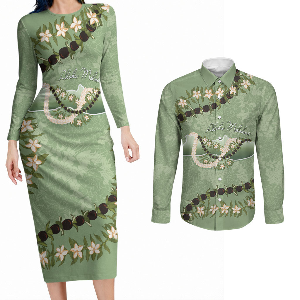 Hawaii Molokai Island Flowers Lei Couples Matching Long Sleeve Bodycon Dress and Long Sleeve Button Shirt Kukui Nut Mossy Green LT7 Moss Green - Polynesian Pride