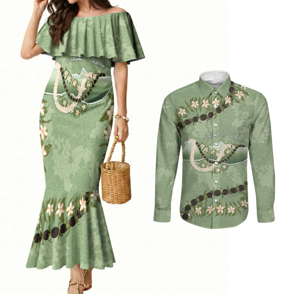 Hawaii Molokai Island Flowers Lei Couples Matching Mermaid Dress and Long Sleeve Button Shirt Kukui Nut Mossy Green LT7 Moss Green - Polynesian Pride
