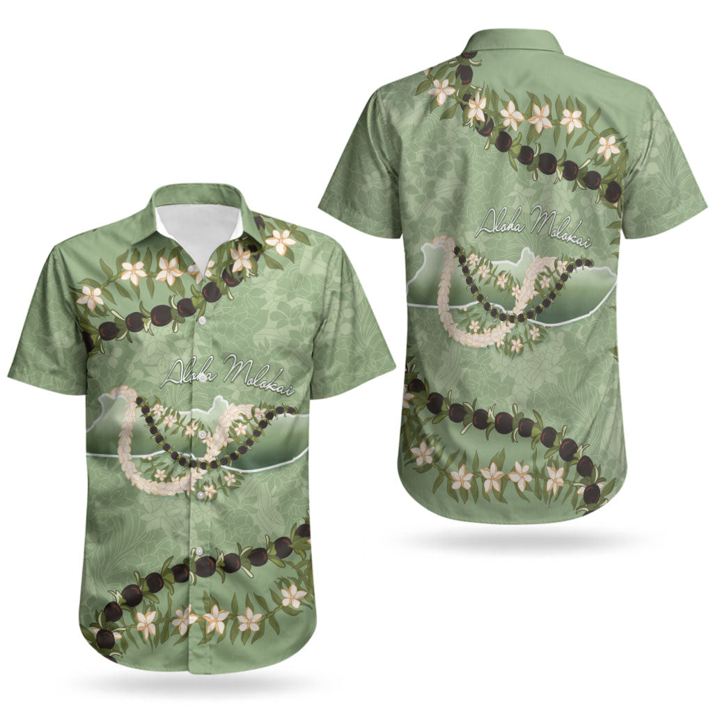 Hawaii Molokai Island Flowers Lei Couples Matching Off Shoulder Maxi Dress and Hawaiian Shirt Kukui Nut Mossy Green