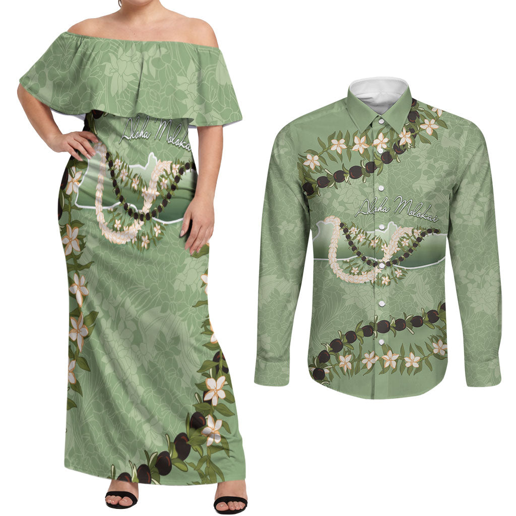Hawaii Molokai Island Flowers Lei Couples Matching Off Shoulder Maxi Dress and Long Sleeve Button Shirt Kukui Nut Mossy Green LT7 Moss Green - Polynesian Pride