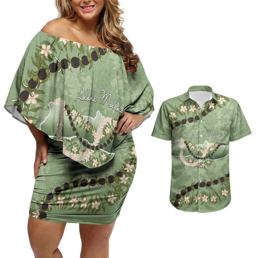 Hawaii Molokai Island Flowers Lei Couples Matching Off Shoulder Short Dress and Hawaiian Shirt Kukui Nut Mossy Green