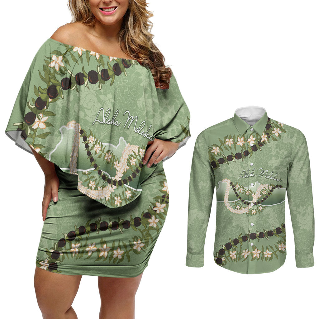 Hawaii Molokai Island Flowers Lei Couples Matching Off Shoulder Short Dress and Long Sleeve Button Shirt Kukui Nut Mossy Green LT7 Moss Green - Polynesian Pride