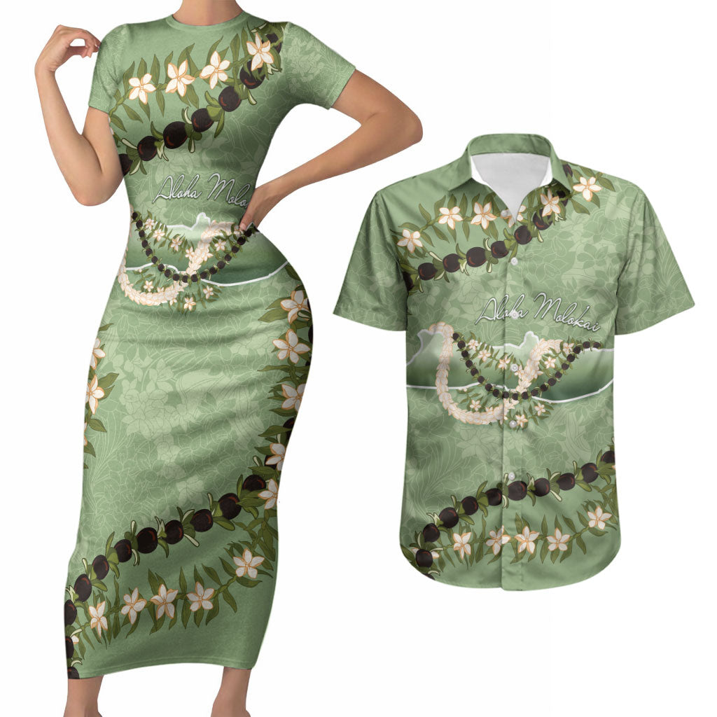 Hawaii Molokai Island Flowers Lei Couples Matching Short Sleeve Bodycon Dress and Hawaiian Shirt Kukui Nut Mossy Green