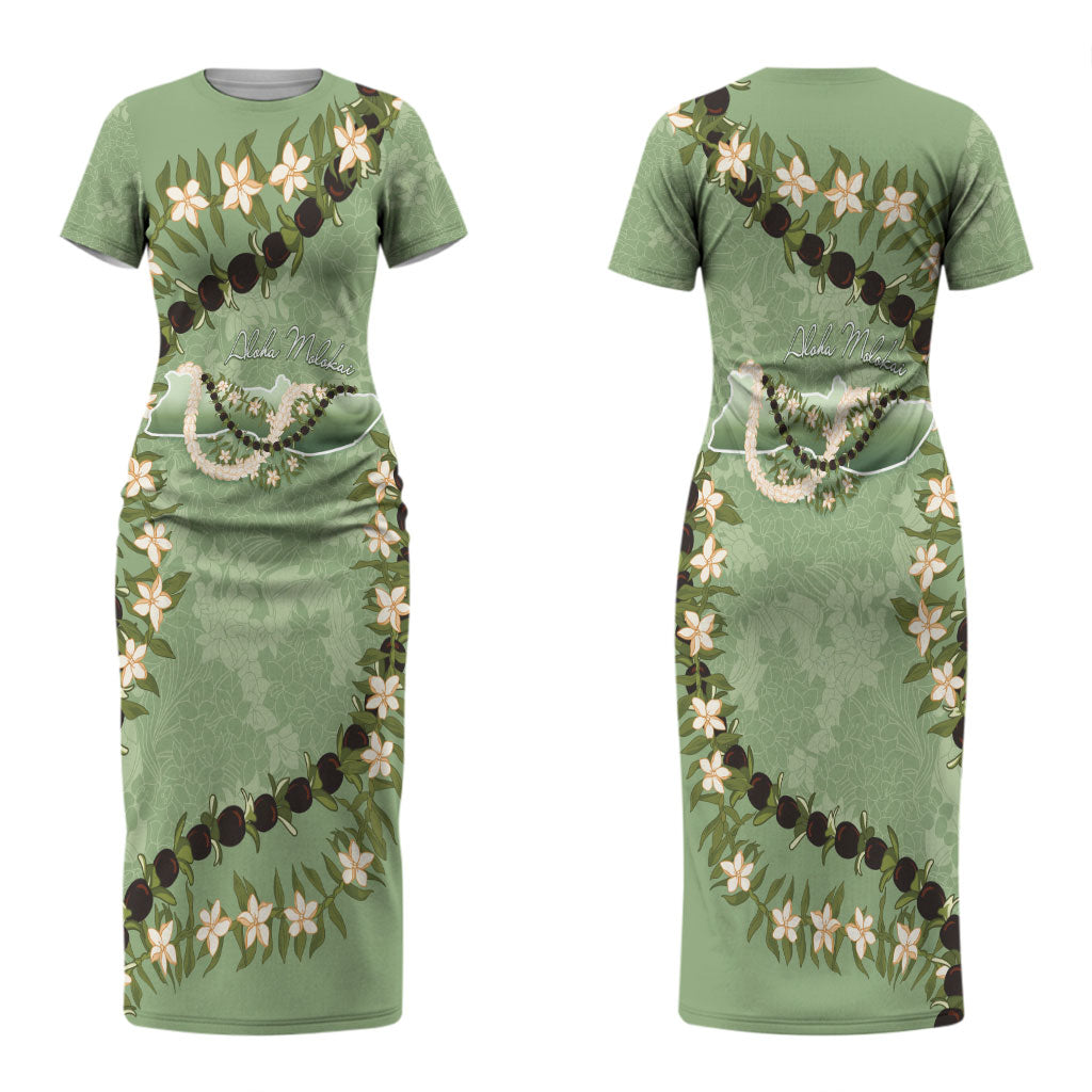 Hawaii Molokai Island Flowers Lei Couples Matching Short Sleeve Bodycon Dress and Hawaiian Shirt Kukui Nut Mossy Green