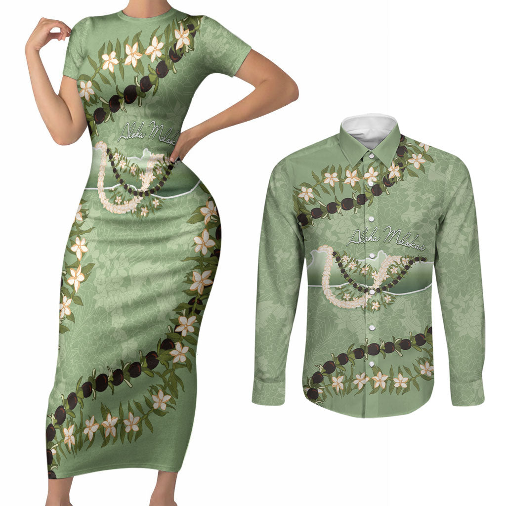 Hawaii Molokai Island Flowers Lei Couples Matching Short Sleeve Bodycon Dress and Long Sleeve Button Shirt Kukui Nut Mossy Green LT7 Moss Green - Polynesian Pride
