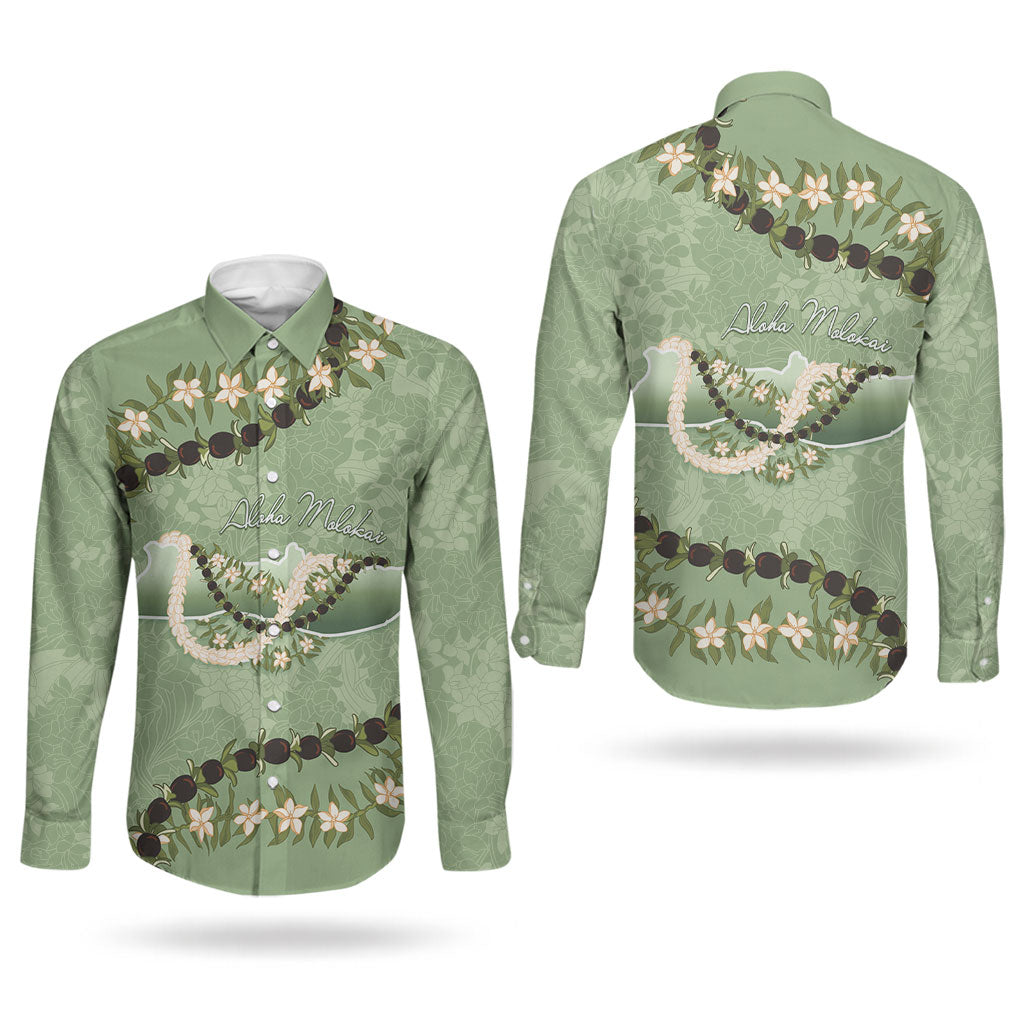 Hawaii Molokai Island Flowers Lei Couples Matching Short Sleeve Bodycon Dress and Long Sleeve Button Shirt Kukui Nut Mossy Green