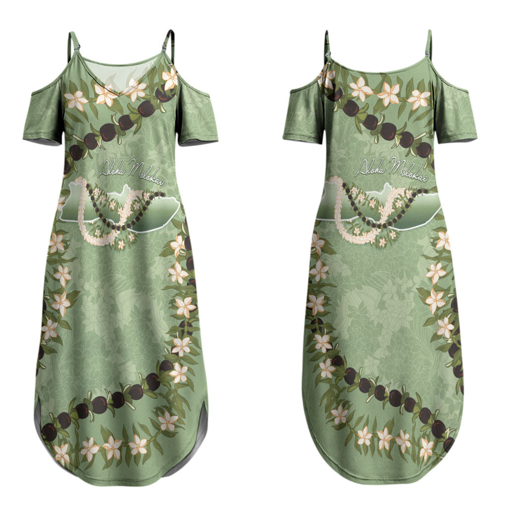 Hawaii Molokai Island Flowers Lei Couples Matching Summer Maxi Dress and Hawaiian Shirt Kukui Nut Mossy Green