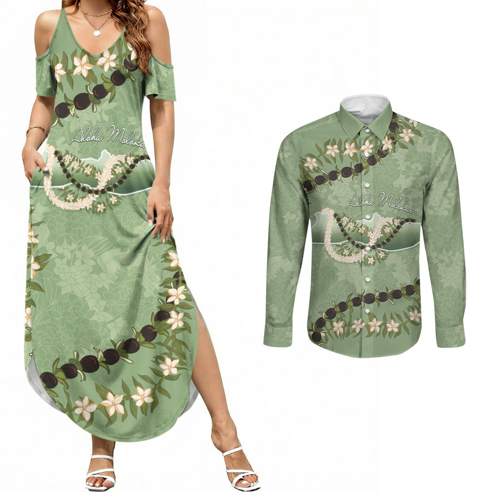 Hawaii Molokai Island Flowers Lei Couples Matching Summer Maxi Dress and Long Sleeve Button Shirt Kukui Nut Mossy Green LT7 Moss Green - Polynesian Pride