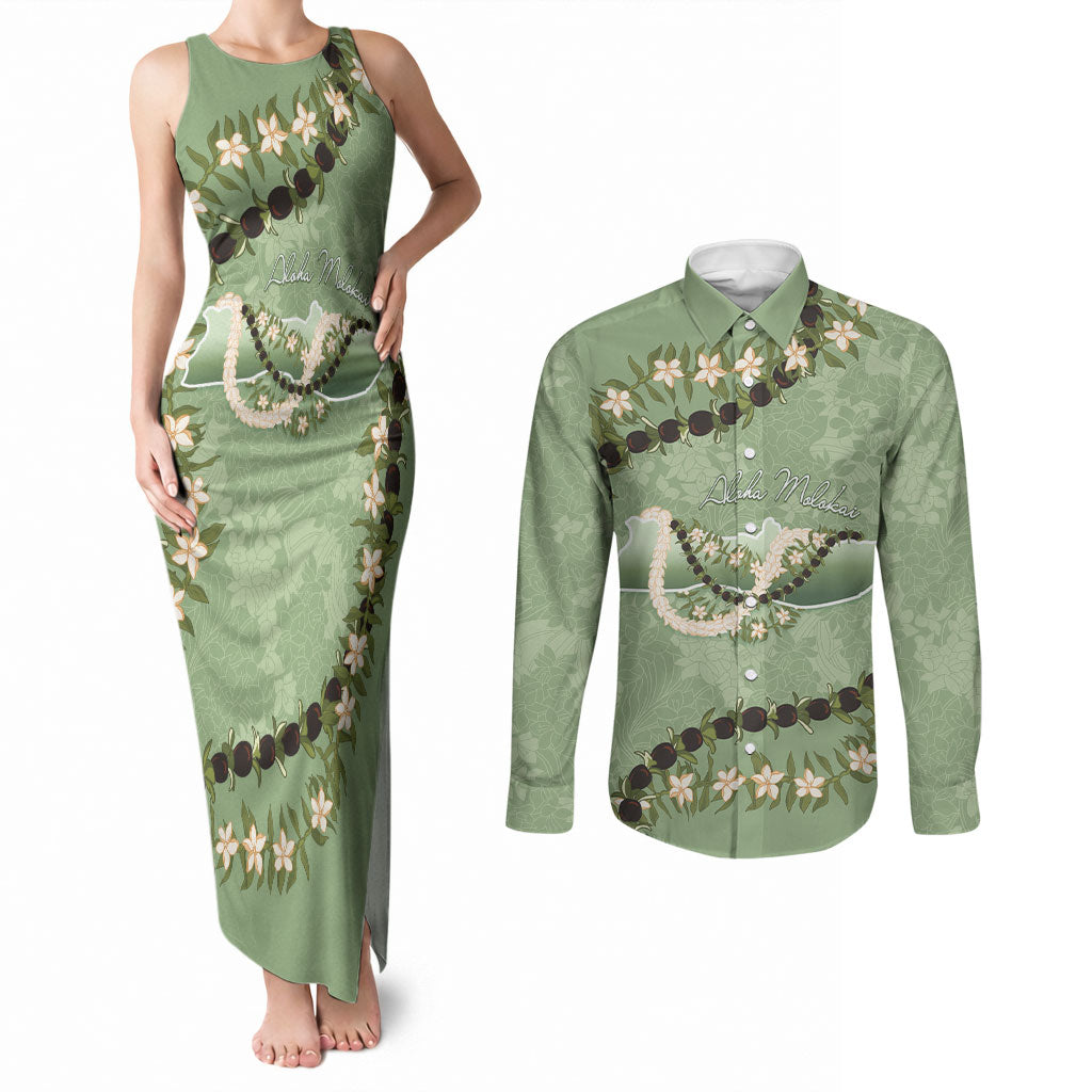 Hawaii Molokai Island Flowers Lei Couples Matching Tank Maxi Dress and Long Sleeve Button Shirt Kukui Nut Mossy Green LT7 Moss Green - Polynesian Pride