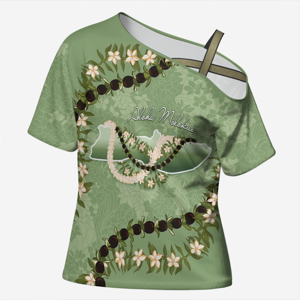 Hawaii Molokai Island Flowers Lei Cross Shoulder Shirt Kukui Nut Mossy Green LT7 Female Moss Green - Polynesian Pride