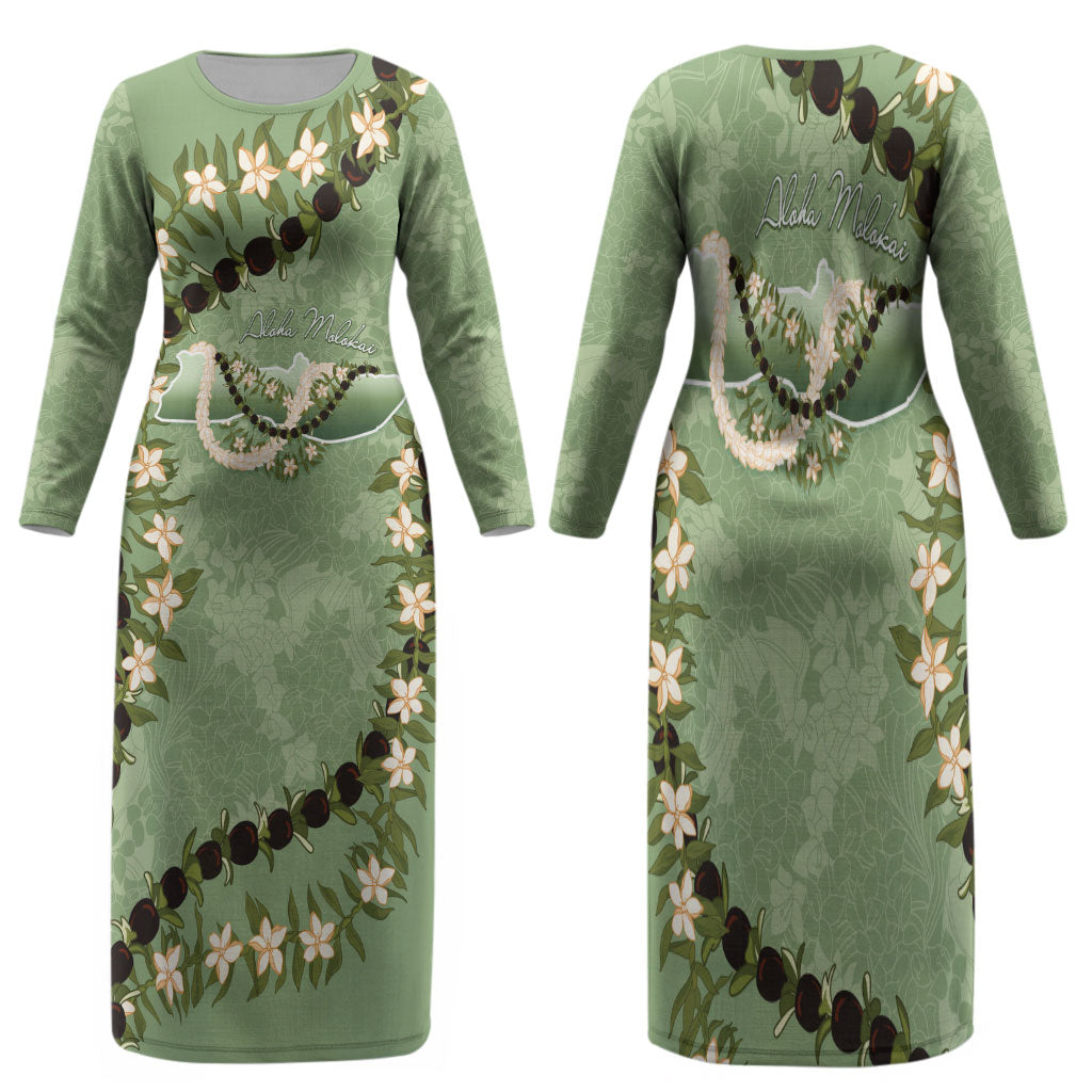 Hawaii Molokai Island Flowers Lei Family Matching Long Sleeve Bodycon Dress and Hawaiian Shirt Kukui Nut Mossy Green