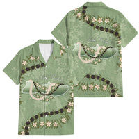 Hawaii Molokai Island Flowers Lei Family Matching Long Sleeve Bodycon Dress and Hawaiian Shirt Kukui Nut Mossy Green