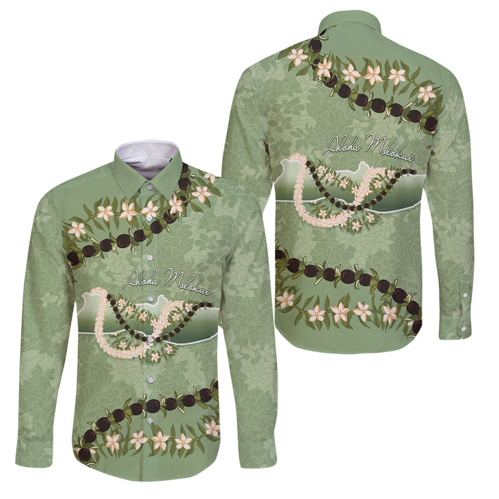 Hawaii Molokai Island Flowers Lei Family Matching Off The Shoulder Long Sleeve Dress and Hawaiian Shirt Kukui Nut Mossy Green