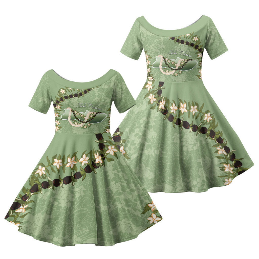 Hawaii Molokai Island Flowers Lei Family Matching Off The Shoulder Long Sleeve Dress and Hawaiian Shirt Kukui Nut Mossy Green