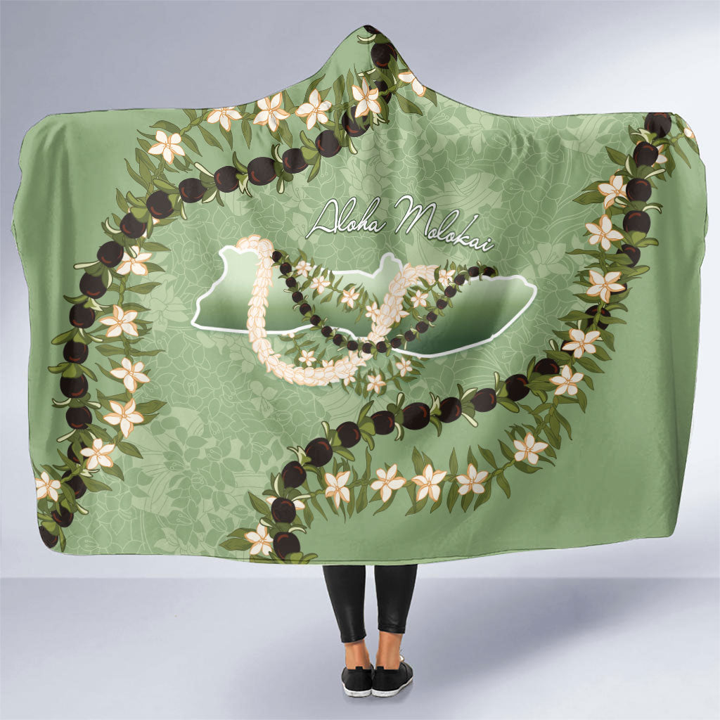 Hawaii Molokai Island Flowers Lei Hooded Blanket Kukui Nut Mossy Green LT7 One Size Moss Green - Polynesian Pride